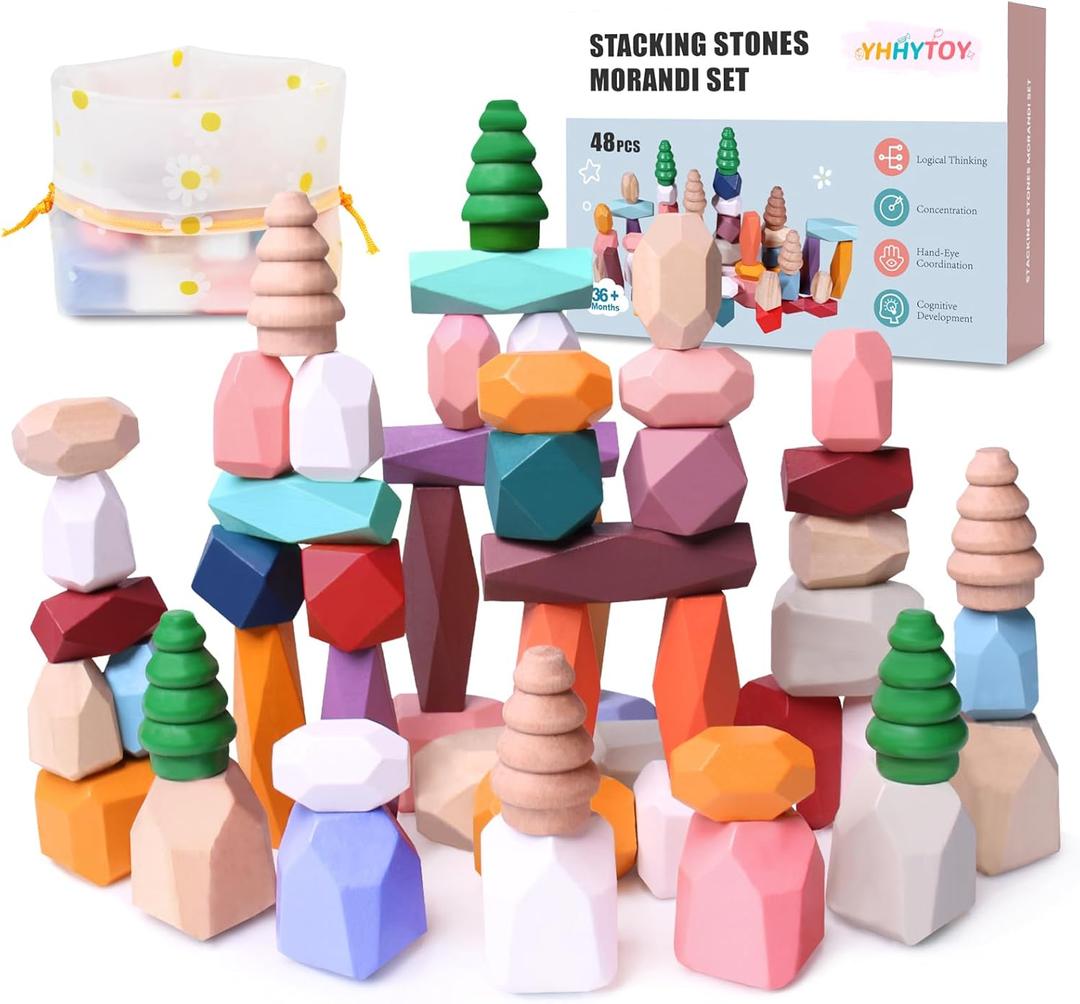 YHHYTOY 48 PCS Wooden Stacking Rocks Stones Building Blocks, Montessori Toys for 3+ Year Old Preschool Learning Activities Balancing Stacking Game, Birthday Gifts for 3 4 5 6 Year Old Girls Boys Kids