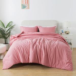 Pink Comforter Set Full Size, Solid Blush Girls Pink Down Alternative Boho Bedding Comforter Set, Breathable Fluffy Microfiber 3 PCS Comforter Set for All Seasons