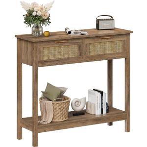 Trironsun Farmhouse Rattan Console Table with 2 Drawers 2 Tier Boho Narrow Long Sofa Table Natural with Open Storage Shelf Wood Entryway Table for Living Room Hallway Foyer