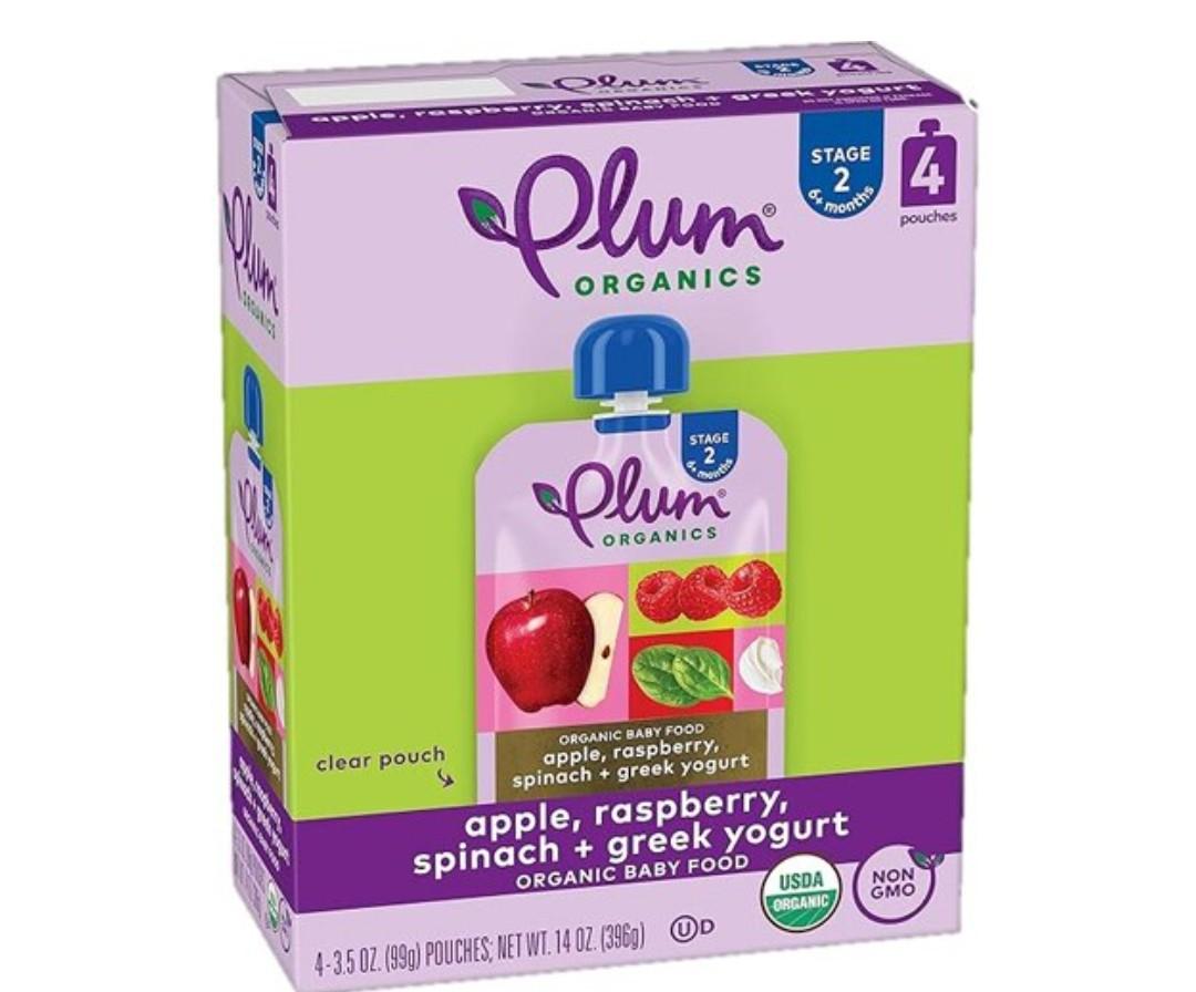Plum Organics Baby Food 6+ Months Apple Raspberry Spinach + Greek Yogurt -- 4 Pouches, BBD: OCT 3, 2025