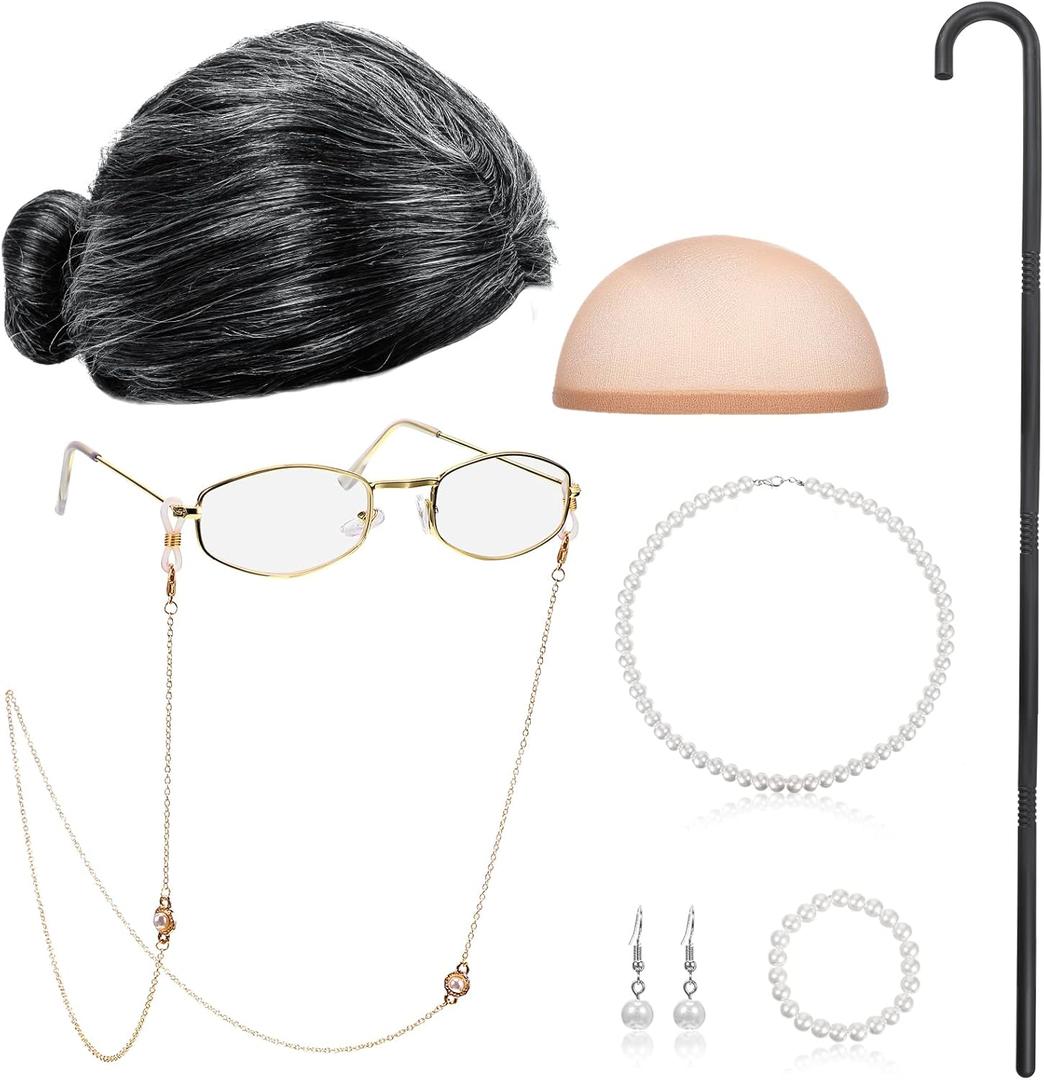 BBTO Old Lady Cosplay Set Grandma Gray Wig for Women Walking Cane Glasses Chain Cords Faux Pearl Bead Necklace