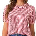 Allegra K Women's Peter Pan Collar Plaid Shirt Puff Short Sleeve Button Down Blouses Casual Summer Gingham Tops XL