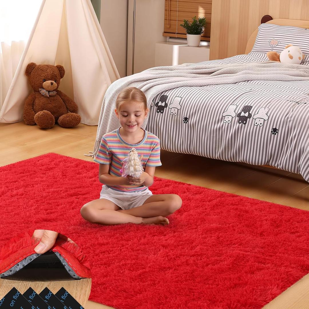 4x6 Red Rug for Bedroom Living Room, Fluffy Small Area Rug Soft Shag Carpet for Kids Boys and Girls Room with 4 Rugs Non-Slip Stickers Dorm Home Decor (4ft x 6ft)