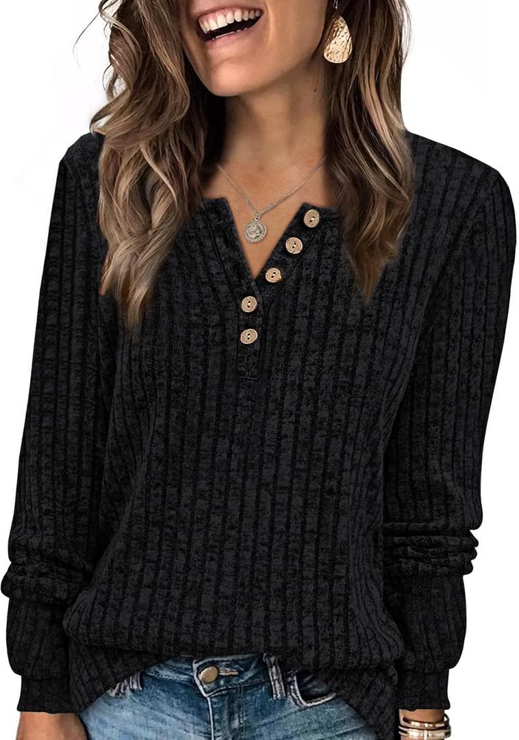 XIEERDUO Sweater for Women Long Sleeve Henley Shirts Tunic Tops to Wear with Leggings crew neck Sweaters Trendy 2024 (Black), XL