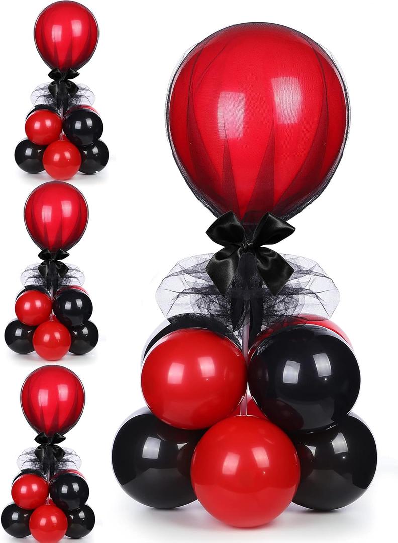 BBTO 4 Set Table Centerpieces Balloons Stand Kit Table Stand Holder with Tulle and Latex Balloons Reusable Centerpiece with Base for Birthday Wedding Halloween Xmas Party(Black and Red)
