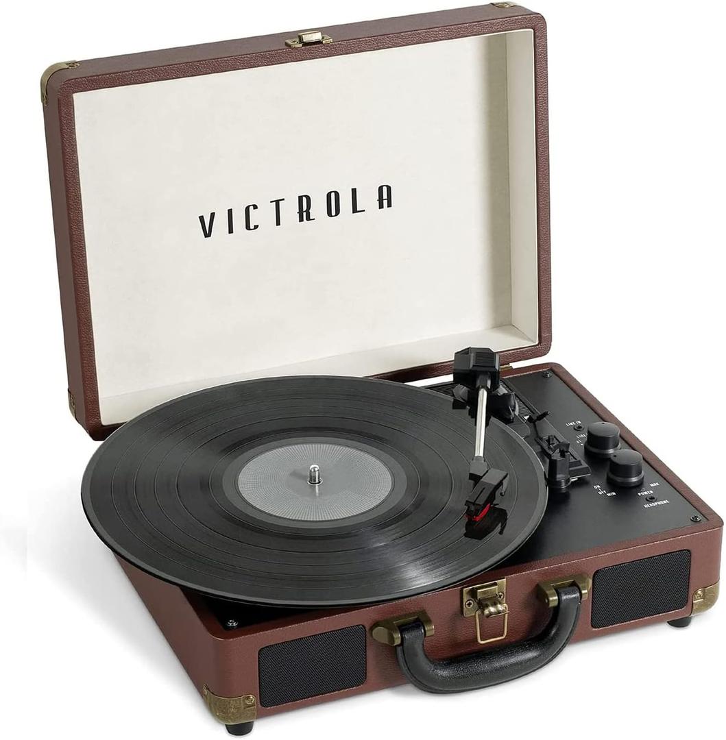 Victrola Journey Bluetooth Portable Suitcase Record Player – with Built-in Speakers, 3 Speed Vinyl Record Player, RCA Out, Headphone Jack, Dark Brown
