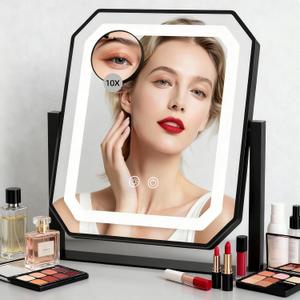 Lighted Makeup Mirror, 3 Colors for Precise Application, Touch Control Brightness Adjustment for Easy Use, with a Detachable 10x Magnifying Mirror, 12 x 10 Hollywood Vanity Mirror for Plug-in Use