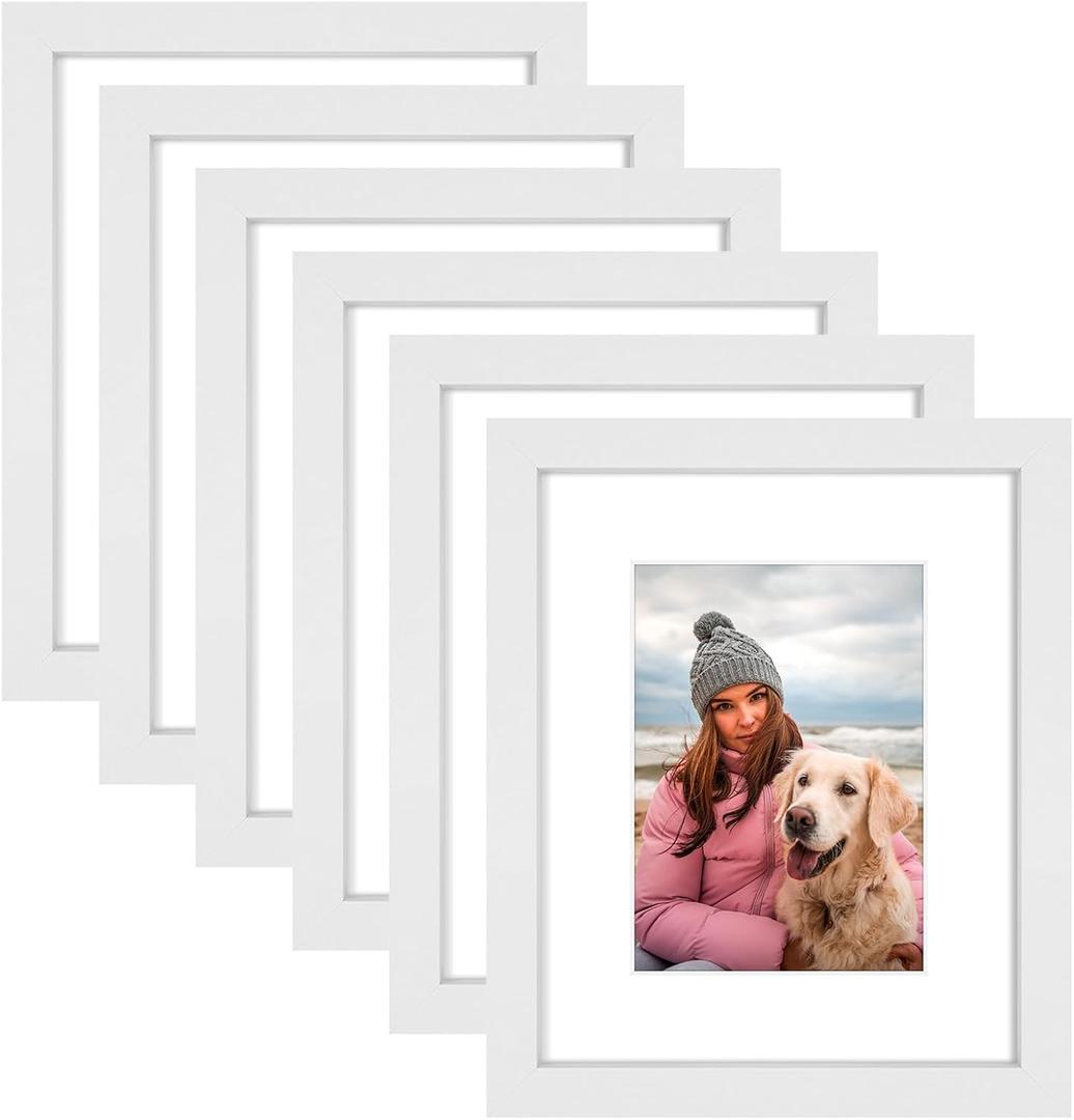 AUEAR 8x10 Picture Frames Set of 6, with Mat for 5x7 or 8x10 without Mat, Composite Wood Gallery Photo Frames with Plexiglass, Wall Mounting (White)