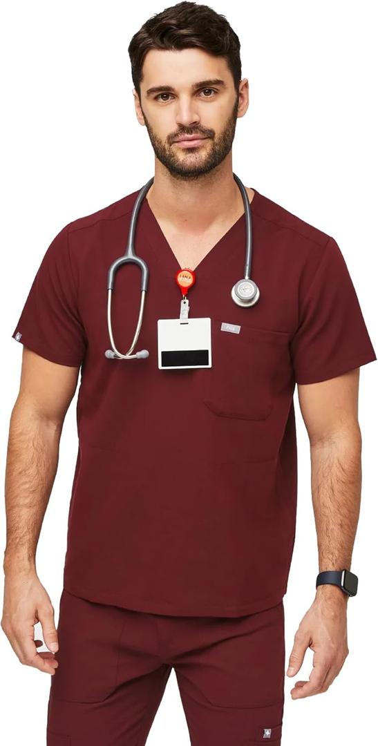 FIGS Chisec Scrub Top for Men 3 Pockets, Tailored Fit, Squared V-Neck, 4-Way Stretch, Moisture-Wicking (Red, S)