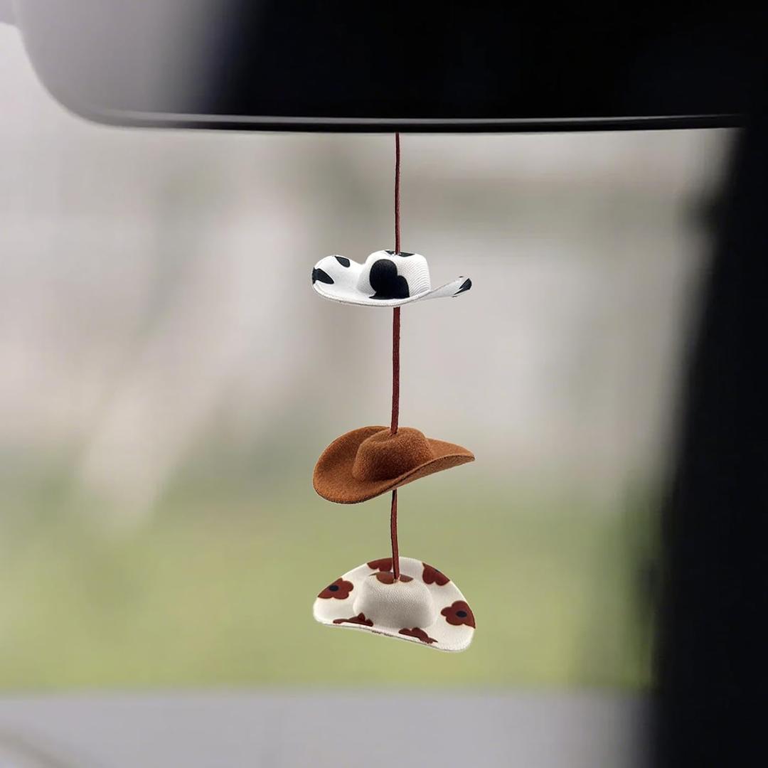 Cowboy Hat Car Charm for Rear View Mirror,Western Cowboy Accessories for Women, Cute Cow Print Ornament for Country Women Gifts, Truck Decor, Universal Auto Interior Accessories (3 Cowboy Hats)