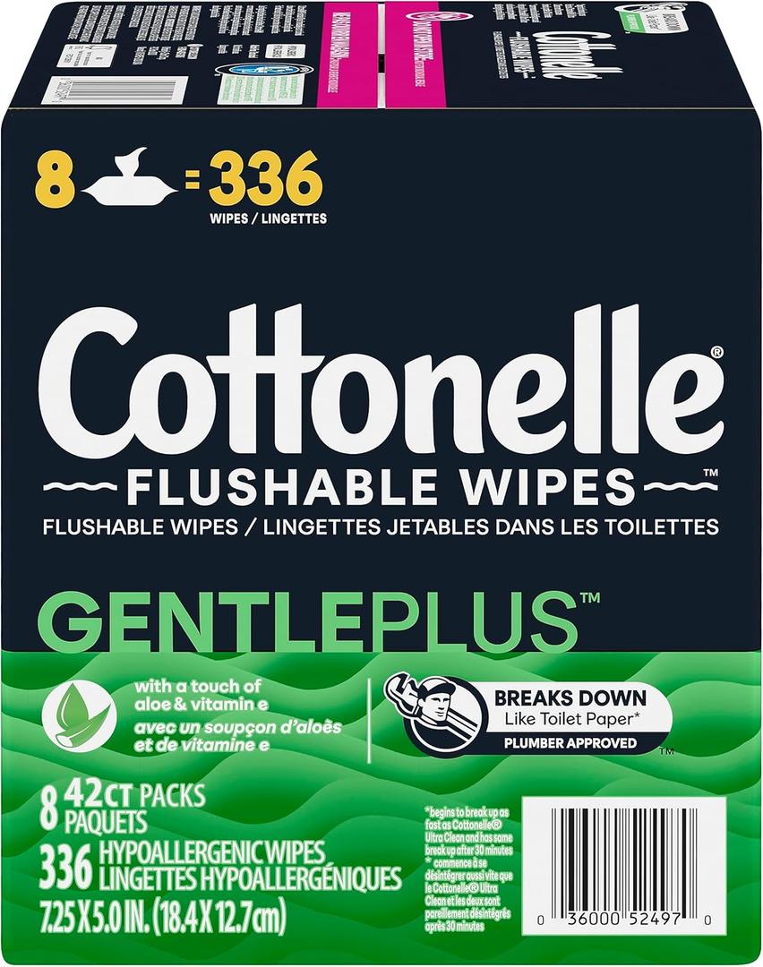 Cottonelle, GentlePlus Flushable Wet Wipes with Aloe & Vitamin E Adult Wet Wipes 8 Flip-Top Packs 336 Total Flushable Wipes, 8 Count