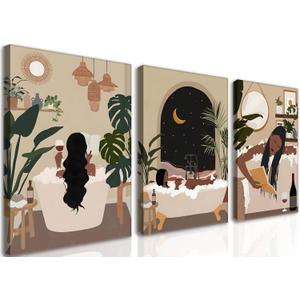 Black Girl Bathroom Wall Art Set of 3, Fashion Boho Black Woman Canvas Wall Decor Paintings, Abstract African American Women Posters Prints Pictures for Bathroom Restroom Decor 16x24 Inch Framed