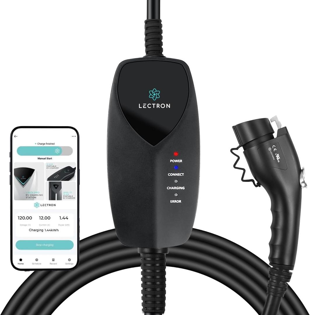 Lectron Portable Level 1 J1772 EV Charger with Wi-Fi/App Control - 12 Amp, 120V Portable Charger with NEMA 5-15 Plug, 16ft Charging Cable - for J1772 Electric Vehicles ONLY