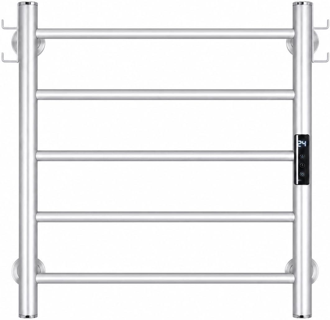 Heated Towel Warmer Rack Plug in 5-Bar Aluminum 18" Wall Mounted, Silver | Fast & Even Heat, 3 Heat Settings 104140F, Digital Display, IPX4 Splash-Resistant, 124H Timer, Plug-in & Hardwired, 95W