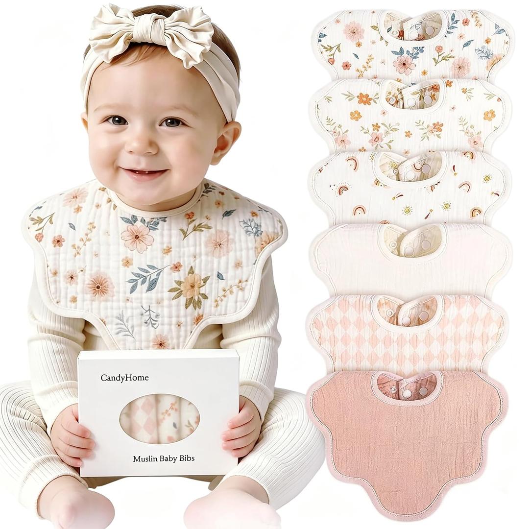 CandyHome Muslin Bibs for Baby Girl Boy 6 Pack, 100% Cotton Extra Soft Absorbent Bandana Baby Bibs for Drooling and Teething Toddler Baby Girl Newborn Essentials Gifts