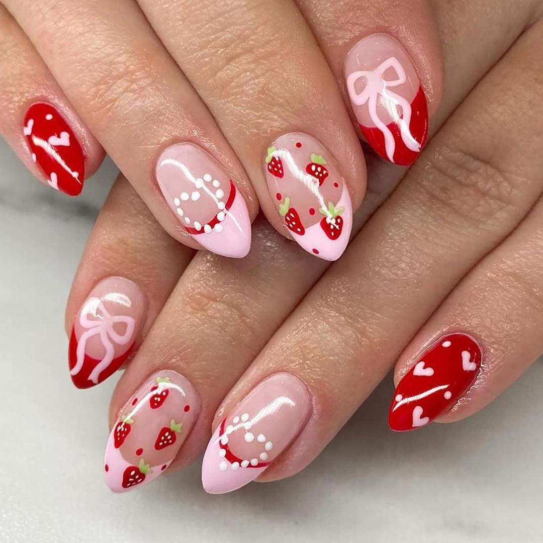 Valentines Press on Nails Short Almond MABKJLF French Tip Fake Nails Pink & Red False Nails with Designs Heart Strawberry Glossy Glue on Nails Sweet Acrylic Nails for Women Girls 24 Pcs