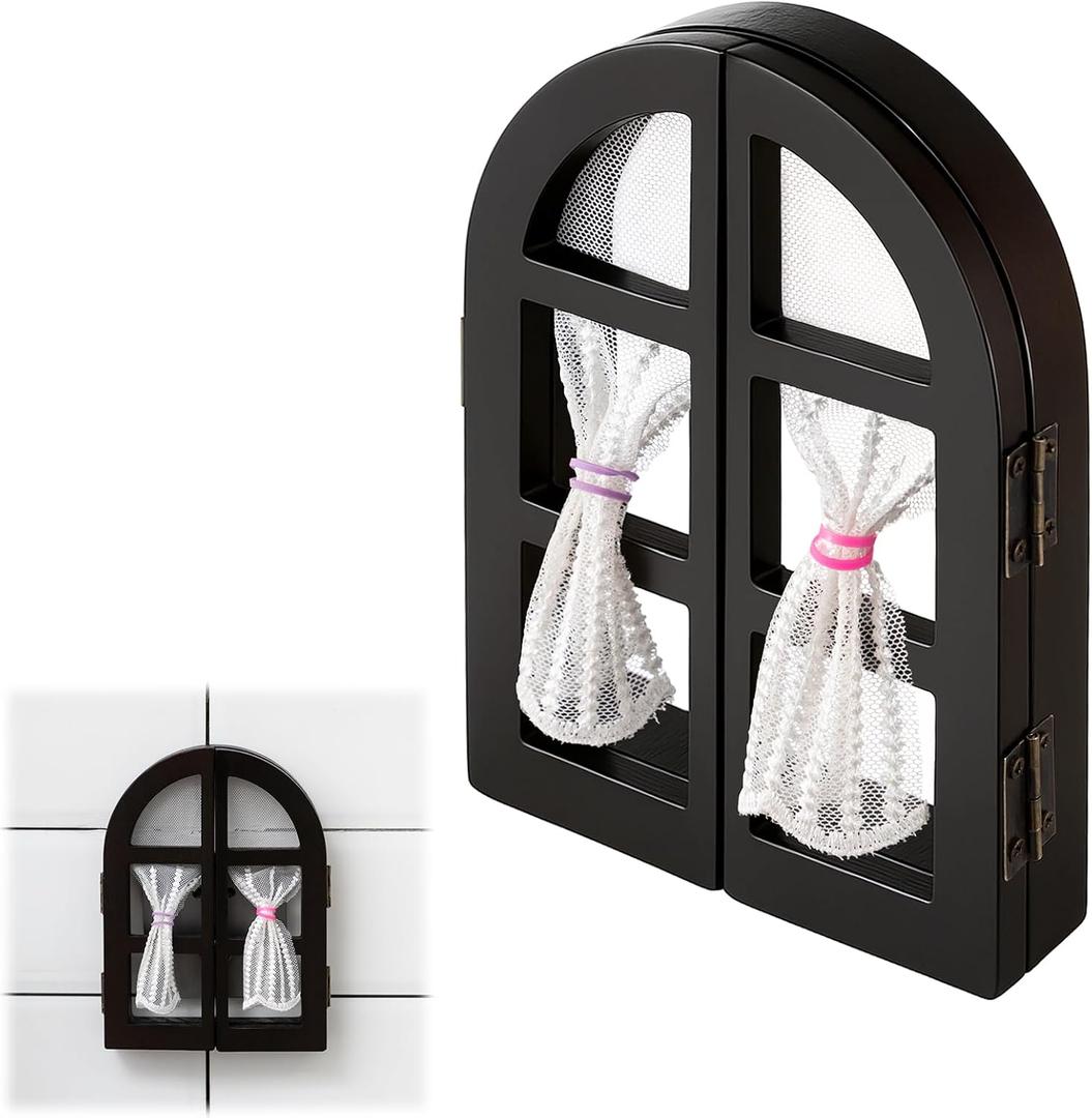 Huquary Fairy Door Outlet Cover, Cute Black Wooden Light Switch Cover with Lace Curtains, Adhesive Fairycore Wall Decor for Nursery Living Room, 7 x 5.1 Inch