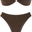 ZAFUL Women's Strapless Ribbed V Wired Lace Up Ruffle Tie High Cut Bandeau Swimsuits Bikini Set (11-deep Coffee)