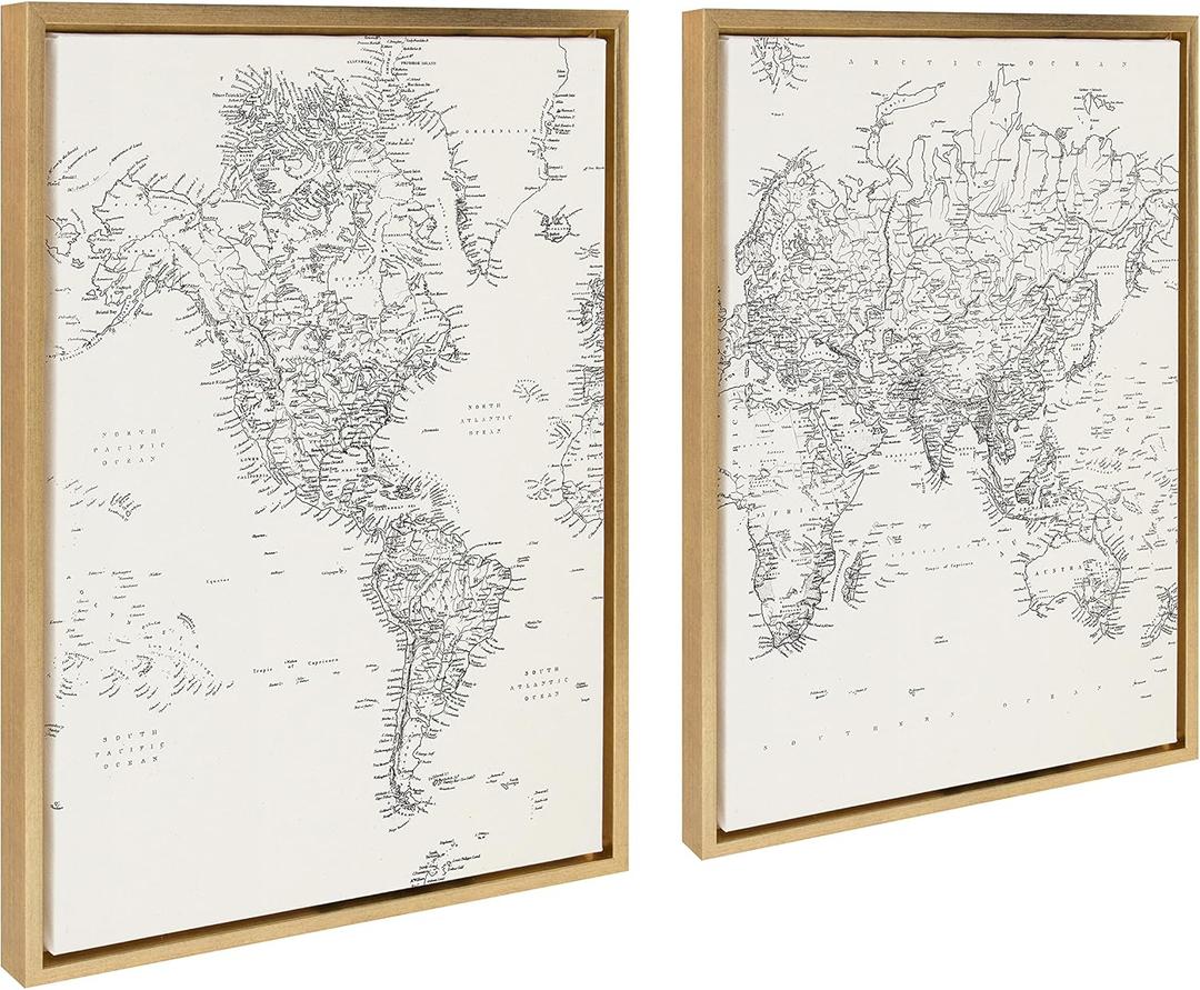 Kate and Laurel Sylvie Black and White Modern Retro World Map Framed Canvas Wall Art Set by The Creative Bunch Studio, 2 Piece 18x24 Gold, Vintage Map Art for Wall