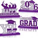 4Pcs Graduation Decorations Class of 2026 Wood Table Centerpieces Congrats Grad Wooden Sign Graduation Table Toppers Congratulate Tiered Tray Decor for 2026 Graduation Party (Purple-Silver)