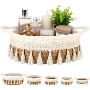 LemonRoad 5 Pcs Round Hand Woven Storage Basket with Handle Multi-size Cotton Rope Small Container Bin for Shelves Empty Gift Basket Closet Toilet Bathroom Nursery Dresser Organizer Boho Decor (Brown)