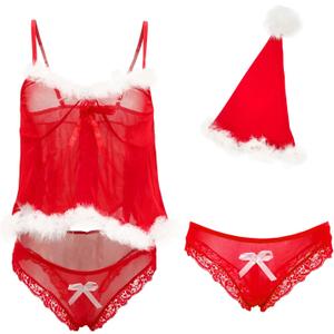 Christmas Lingerie for Women Santa Teddy Lingerie 3 Piece Bra and Panty with Garter Belt Set Suede Velvet Babydoll (One Size, Style 4-red)
