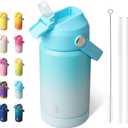 BJPKPK Insulated Water Bottle with Straw Lid, 12oz Thermos Water Bottles, Flex Handle & Non-slip Boot, BPA Free Leak Proof Stainless Steel Metal Thermos, Tumblers, Cups, Sea Salt