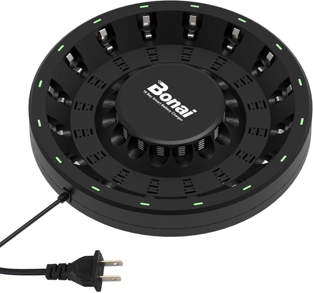 BONAI AA AAA Rechargeable Battery Charger for NiMH NiCD Batteries with AC High-Speed Plug Cable and Smart LED Light