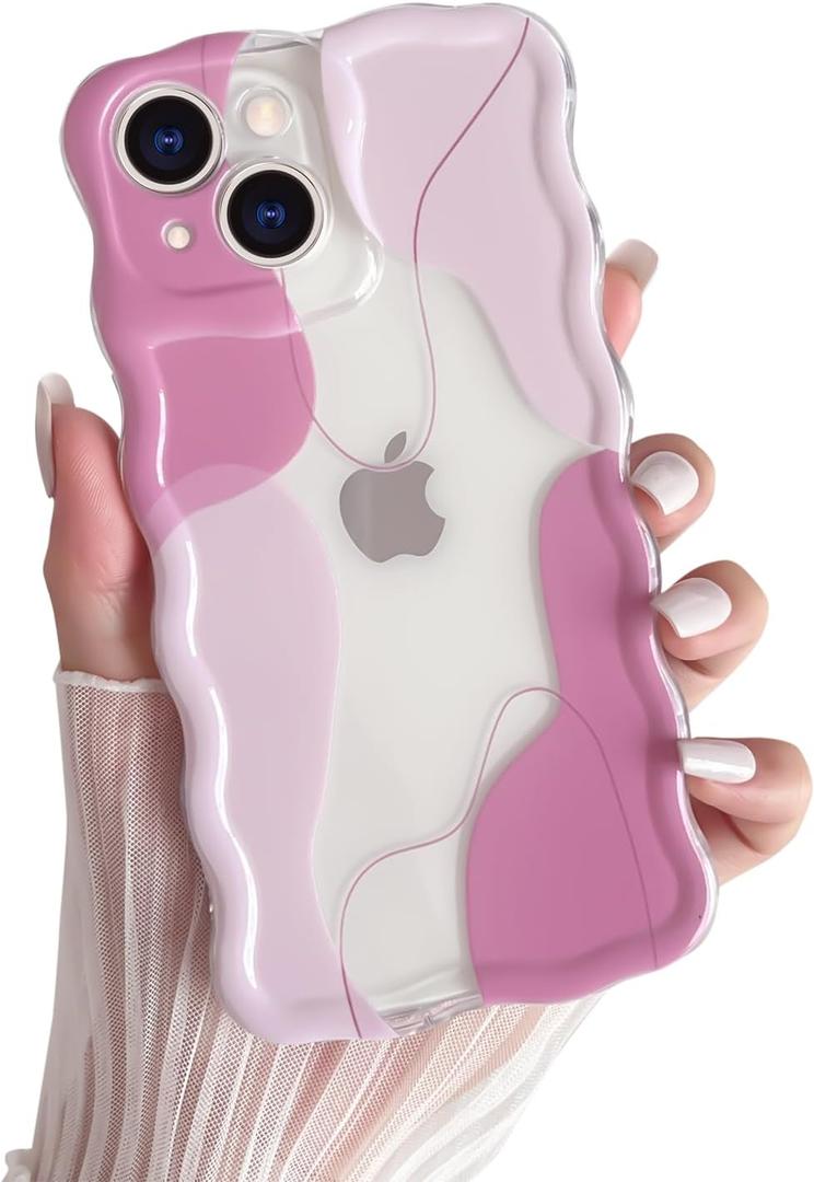 Yeddabox for iPhone 15 Case Cute Art Design Aesthetic Pattern Wavy Clear Phone Case Soft TPU Slim Shockproof Phone Cover for Women Girls, Pink