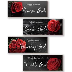 4 Pcs Red Bathroom Decor Religious Wall Art Bible Verse Inspirational Red Rose Wall Decor Rustic Flower Wooden Christian Sign for Home Bathroom Office Bedroom Living Room Kitchen(10x4)