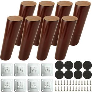 8PCS 6 Inch Wood Furniture Legs, Angled Solid Couch Legs, Round Sofa Replacement Legs, Mid Century Modern Legs for Armchair, Cabinet, Chair, Dresser, Accessorizes Included
