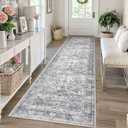 KUTA Vintage Washable Runner Rug, 2.6x10 Grey Blue Runners for Hallways Non-Slip Kitchen Rugs Ultra Thin Soft Printed Distressed Oriental Floral Floor Carpet for Laundry Bedroom Living Room Nursery