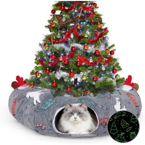 Cat Tunnel Christmas Tree Skirt, Cat Tunnel Bed, Cat Donut Tunnels Bed for Indoor Cats, with Washable Cushion, Hanging Toy Ball, Christmas Tree Protector & Decoration