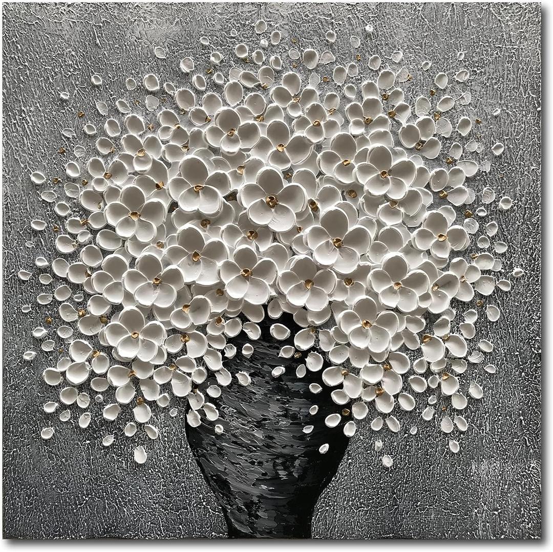 100% Hand-Painted White Flower Art Oil Painting, Modern Home Furnishing Canvas Painting Decoration, 3D Abstract Mural Painting,24x24 inch Frame Wall Art Hanging (Eft003)