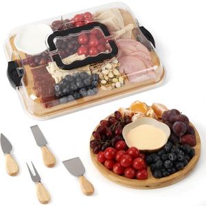 Charcuterie Board Set with Clear Locking Lid & Compartments, Portable Bamboo Serving Tray for Travel, Picnics & Parties Ideal Serving Platter & Gift for Home