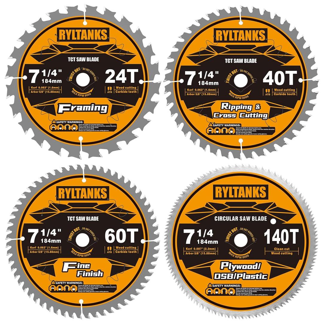 7-1/4 Inch Circular Saw Blade, 5/8 Arbor,24T for Framing&40T for Ripping and Cross Wood Cutting &60T for Fine Finish&140T for Plywood/OSB/Plastic, 4-Pack
