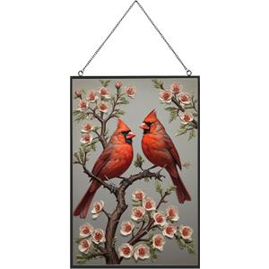 Large Stained Glass Window Hanging, Cardinal Suncatcher, Hand Painted Glass for Bird Lovers - Red Cardinal Memorial Gift for Women (10 x 15in)