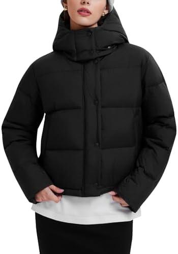 IUK 800 Fill Short Down Puffer Jacket, Relaxed Fit Lightweight Ski Winter Jacket & Coat Snap Button Puffy Cropped Outerwear, Size M