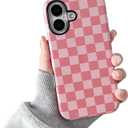 Compatible with iPhone 16 Case, Cute Aesthetic Fashion Colorful Checkered Cover for Women, Shockproof Slim Soft TPU and Hard PC Protective Phone Case for iPhone 16 6.1"- Pink