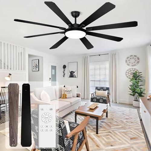Ohniyou 72" Ceiling Fan with Light and Remote - Large Indoor Outdoor Ceiling Fan, 6 Speeds Reversible DC Motor, 8 Blades Farmhouse Industrial Ceiling Fans for Living Room Patio Bedroom, Black and Wood