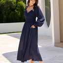 Long Sleeve Chiffon Midi Dresses Cut Out Back Sexy V Neck Smocked Waist Fall Wedding Guest Dress with Pockets