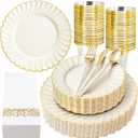 Ciaell 175 PCS Ivory Scalloped Plastic Plates - Gold Disposable Plates Fancy High-end Dinnerware Sets for Wedding & Party (25 Guests)