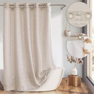 Farmhouse Shower Curtain with Snap-in Liner, No Hooks Needed,Boho Fabric Shower Curtains with Tassels for Rustic Neutral Bathroom Decor with Magnets, Water Repellent&Machine Washable, Linen, 71x74Inch