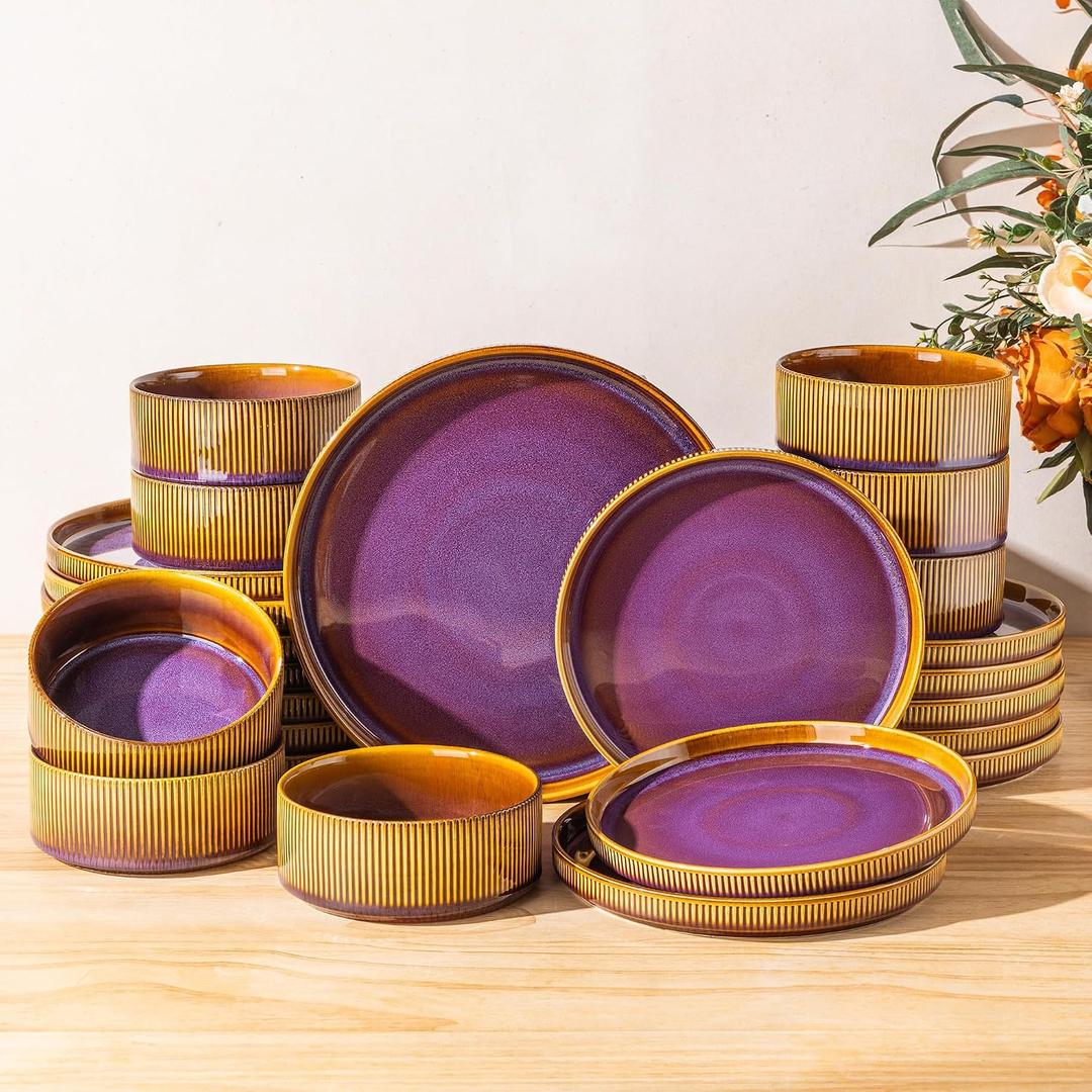 Ceramic Dinnerware Set for 8, 24-Piece Plates and Bowls Set | Lightweight Porcelain Dish Set, Scratch Resistant, Oven & Microwave & Dishwasher Safe, Amber Amethyst