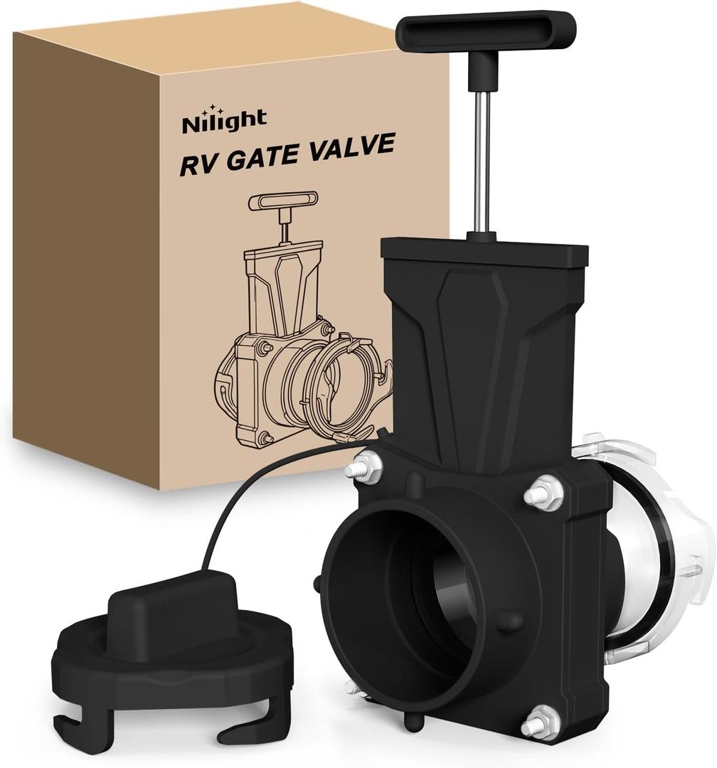 Nilight RV Sewer Valve, Camper Black Tank Gate Valve with 4 Bayonet Prongs Clear Adapter Leakproof Cap Double Odor-Tight Sealing Ring Twist On Waste Valve for RV Sewer Hose Fittings Replacement Black