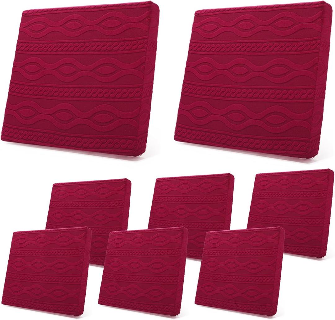 Newwiee 8Pcs Stretch Patio Cushion Covers Outdoor Cushion Covers for Patio Furniture Replacement Couch Sofa Slipcovers Jacquard Textured Soft Fabric Washable Furniture Protector(Wine Red,Elegant)