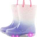 Kids Toddler Rain Boots for Girls Boys Light Up Waterproof Rain Shoes Patterns and Glitter Boot with Easy On Handles (2 Big Kid, Purple Gradient)