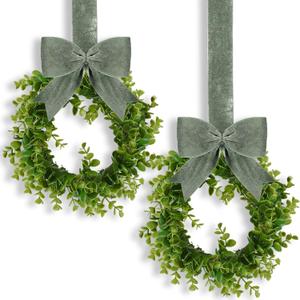 WILLBOND 2 Pcs Christmas Kitchen Cabinet Wreath Boxwood Garland with Ribbon Greenery Garland Hanging Wreaths for Cabinet Wall Window Door Fireplace Party Farmhouse Decor (Green, Velvet)