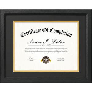 8.5x11 Diploma Frame with Black Gold Double Mats, 11x14 Picture Frame Matted for 8.5 by 11 Document, Wall & Tabletop Display Certificate Frame with Tempered Real Glass, Black