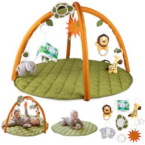 SnapPea Baby Activity Mat. Jungle Baby Play Gym Mat, Tummy Time Mat with 8 Baby Toys and Handle. Non Slip, Soft 37in Baby Play Mat. Portable Baby Gym, Infant Floor Playmat for Playroom, Nursery (Green/Brown)